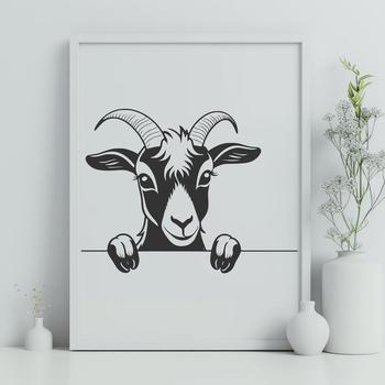 A goat peeking through a gate on a farm landscape.