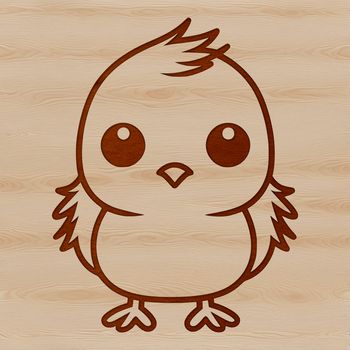 A simple line drawing of a cute chick farm animal with feathers and beak.