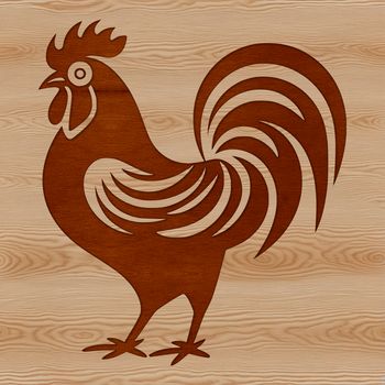 A colorful illustration of a rooster standing on a farm yard.