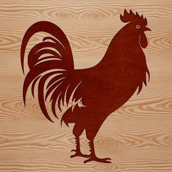 A colorful illustration of a single rooster standing on a farm yard landscape.