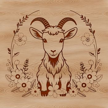 A simple illustration of a goat in a floral setting.