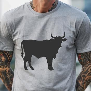 An illustration of a cow in silhouette standing on a green pasture.