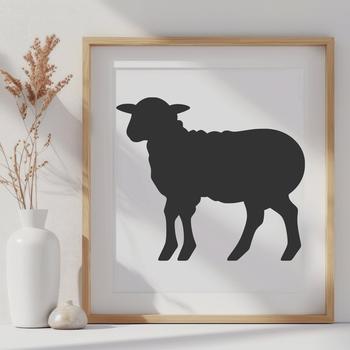 A realistic illustration of a farm animal's full body, featuring a sheep.