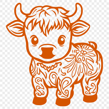 A full-body illustration of a standing Highland Cow on a farm background.
