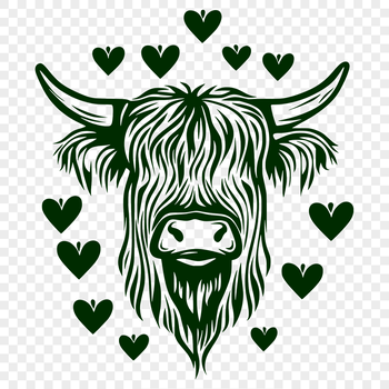Highland cow farm animal illustration with love hearts on its head.