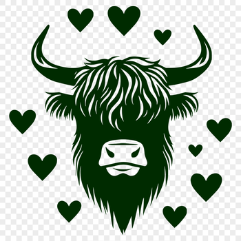 A regal Highland Cow with intricate love heart patterns on its head.