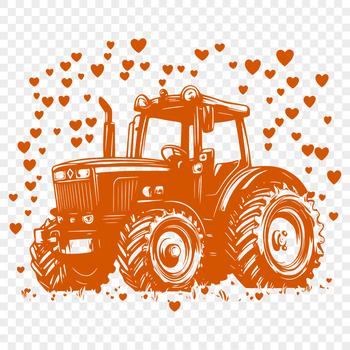 Vector illustration of a tractor on a farm with decorative heart details.