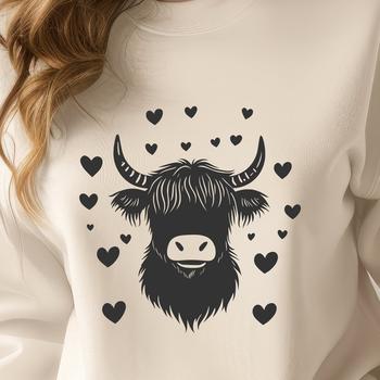 An illustration of a Highland Cow with love hearts on its head, suitable for farm-themed designs.