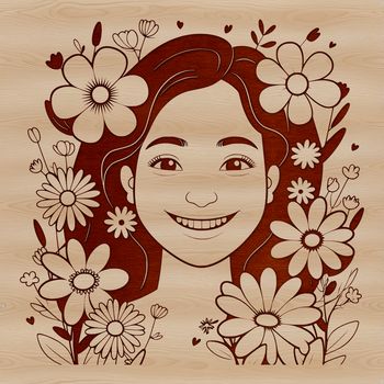 A high-resolution digital illustration of a woman surrounded by floral elements.