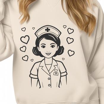 A female nurse depicted with love hearts, symbolizing care and compassion in the medical profession.