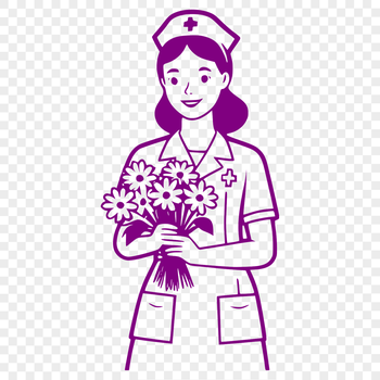 A female nurse standing in front of a floral background, dressed in her professional attire.