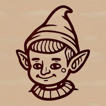 A cartoon Christmas elf character with a pointed hat and mischievous grin.