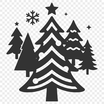 A stylized graphic illustration of a traditional Christmas tree with ornaments and lights.