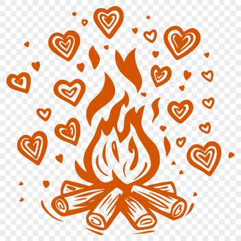A campfire with love hearts in the flames, perfect for outdoor enthusiasts and crafters.