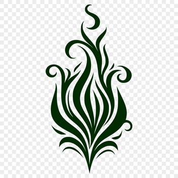 A stylized illustration of flickering flames in an ornate shape.