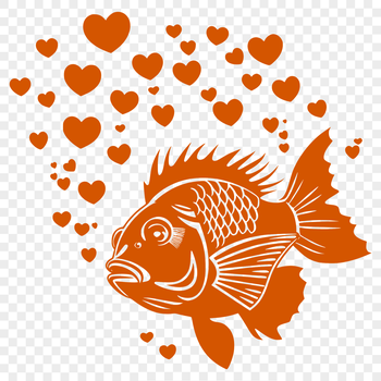 A full-body illustration of a crappie fish with loving hearts surrounding it.