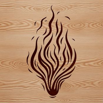 A stylized, graphic illustration of flames in a bold shape.