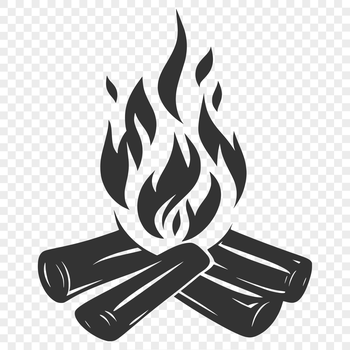 An illustration of a camp fire with flames and smoke in the outdoors.