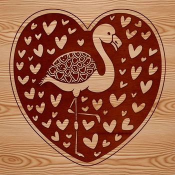 A stylized vector illustration of a flamingo standing on one leg, with heart symbols surrounding it.
