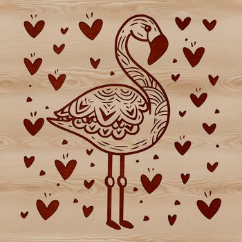 Colorful flamingo bird with love hearts in vector design style.