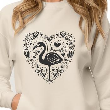 A vibrant flamingo standing in shallow water, adorned with ornate love hearts.