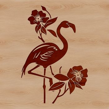 A stylized, ornate design of a flamingo standing on one leg in a garden or floral setting.