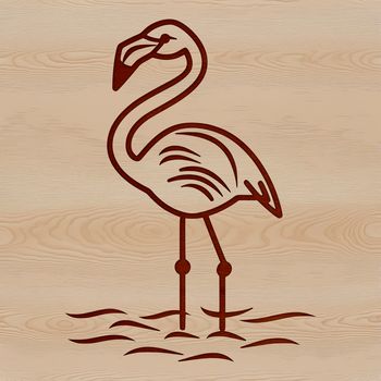 A simple line drawing of a flamingo standing on one leg in a natural setting.