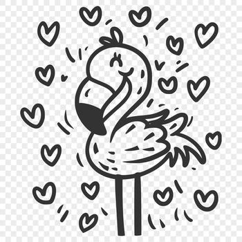 A full-body illustration of a flamingo with heart shapes surrounding its body.
