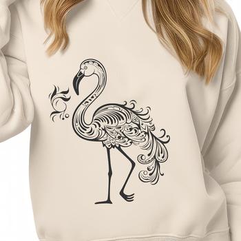 Close-up illustration of a single flamingo standing upright on one leg.