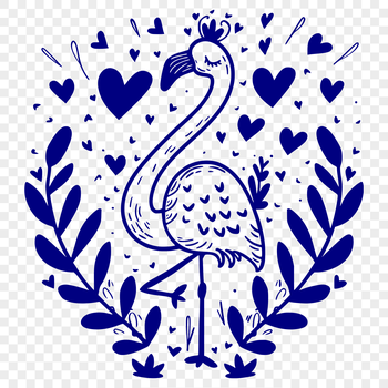 A full-body illustration of a flamingo bird with love hearts.