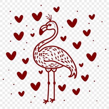 A full-body illustration of a flamingo bird with heart motifs on its feathers.