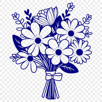 An illustration of a floral arrangement featuring a variety of blooming flowers tied together with a ribbon or stem.