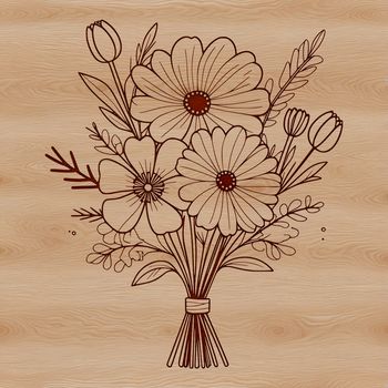 An illustration of a collection of colorful flowers tied together with a ribbon or stem.