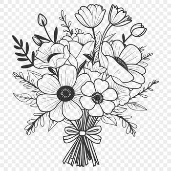 An illustration of a floral collection tied together with ribbon or twine.