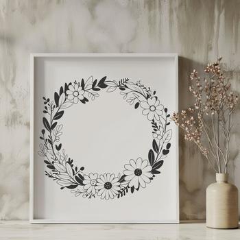 A floral wreath design made up of intricate lines and curves in vector format.