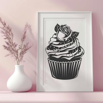 A colorful floral-patterned cupcake design, suitable for various uses including crafting and graphic design.