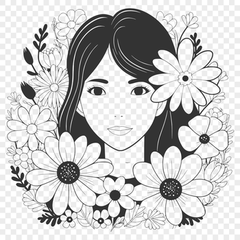 A digital illustration of a woman surrounded by flowers, ideal for Mothers Day designs.