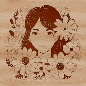 A simple illustration of a female figure surrounded by floral elements.