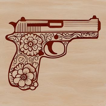 A detailed illustration of a pistol with a floral pattern on the grip.