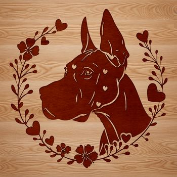 A large, ornate illustration of a dog's head, featuring floral patterns and love hearts.