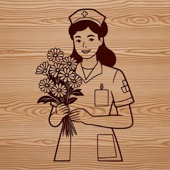 A female nurse with a professional demeanor, represented in a simplified vector format.