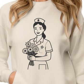 A stylized illustration of a female nurse in a floral patterned uniform.