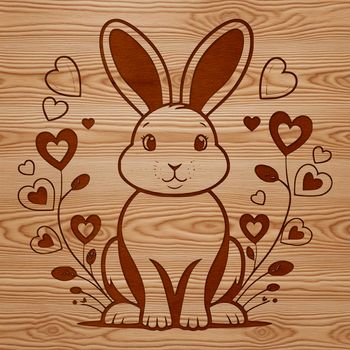 A cute cartoon rabbit sitting in a floral setting surrounded by love hearts.