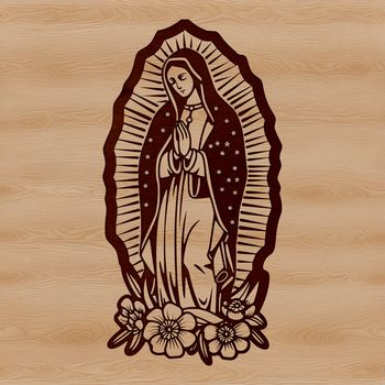 A detailed, ornate illustration of the Virgin Mary in a floral-adorned setting.