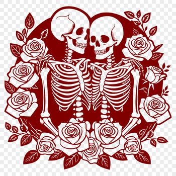 A stylized illustration of a romantic skeleton couple surrounded by floral elements, perfect for Valentine's Day designs.