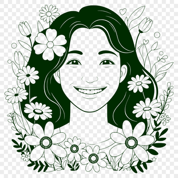 A woman surrounded by flowers, suitable for Mothers Day designs or feminine graphics.