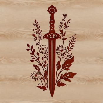 A stylized illustration of a traditional fantasy-style sword with ornate details.