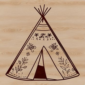 A colorful, stylized illustration of a traditional teepee-style tent with a floral pattern on the fabric.
