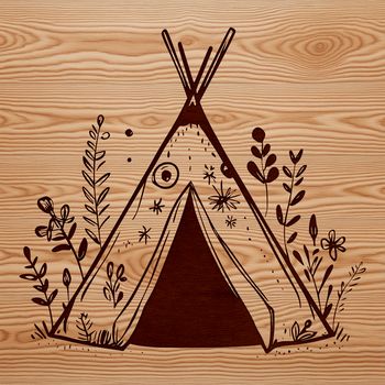A simple, 2D illustration of a tent with a floral pattern on its fabric.
