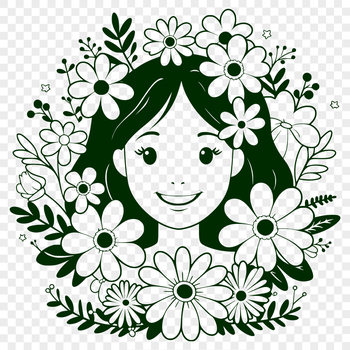 An illustration of a woman surrounded by floral patterns, suitable for use in graphic design projects.